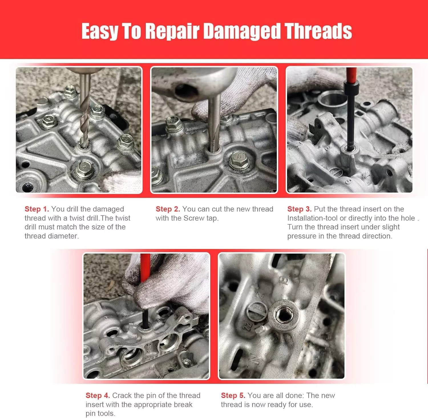 M12 x 1.75 Thread Repair Tool Stainless Helicoil Wire Insert Kit 15PC