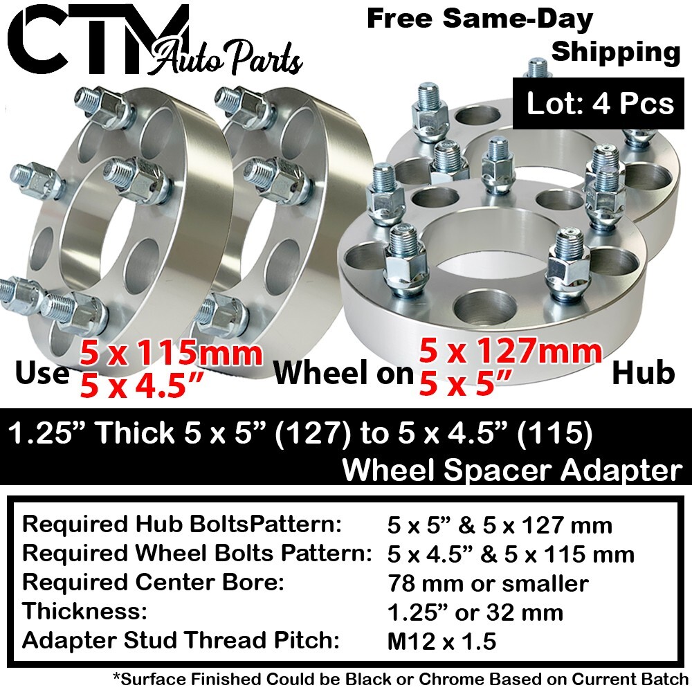 4x 1.25″ Thick 5×5(127) to 5×4.5(115) Spacer Adapter Durango Wrangler Gladiator