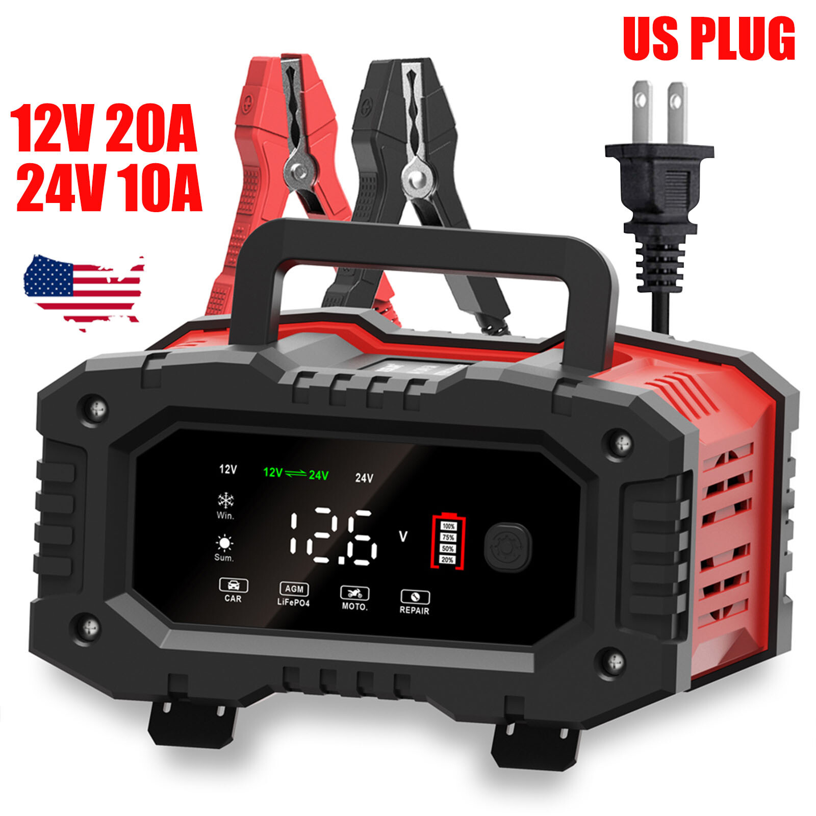 10A 24V 20A 12V Smart Car Battery Charger Maintainer LiFePO4 AGM GEL SLA Trickle