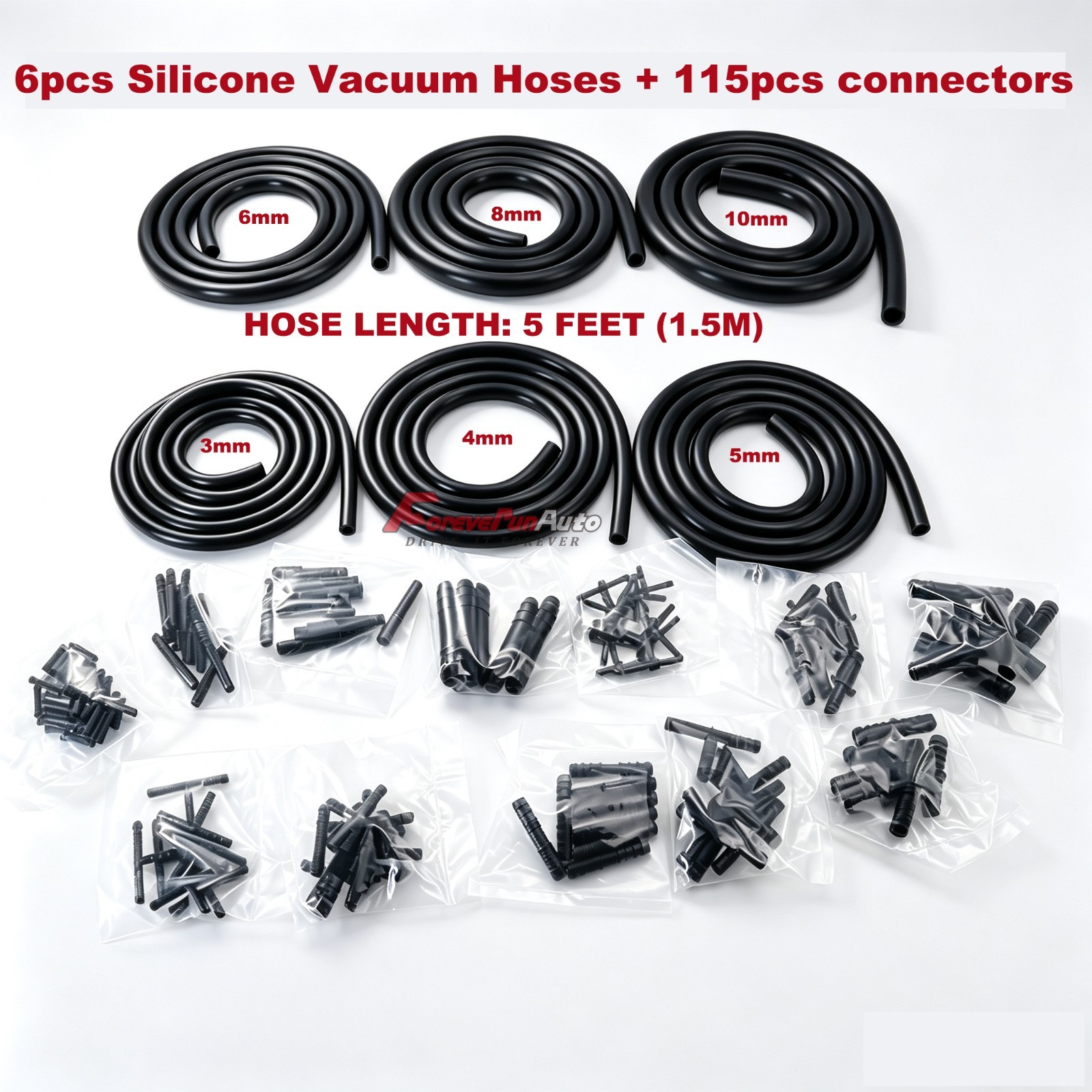 6pcs 5ft Engine Vacuum Line Silicone Hose Kit + 115pcs Connectors Set For Toyota