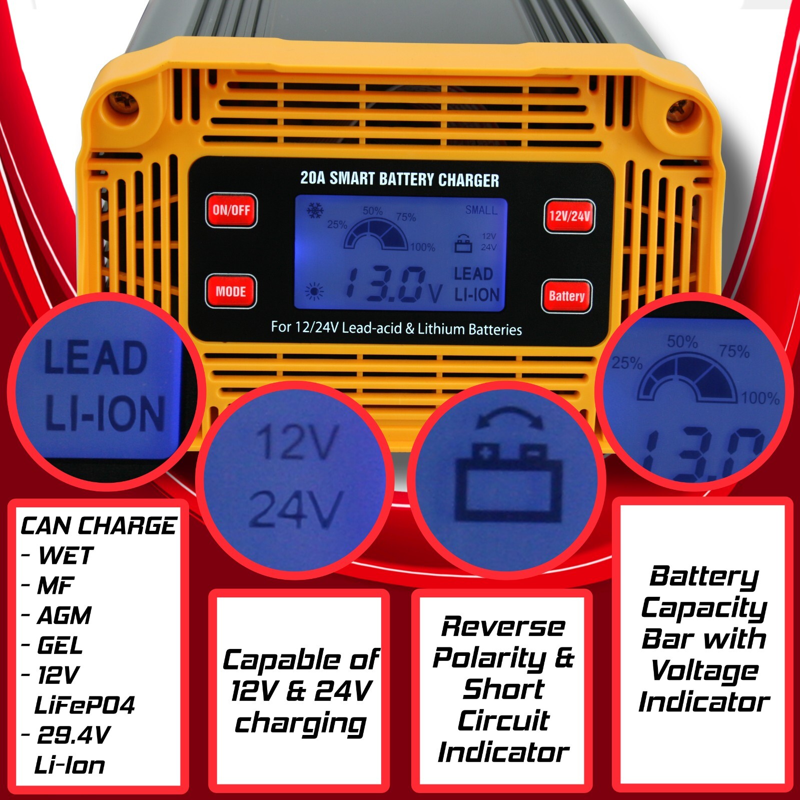 12V/20A 24V/10A Automatic Battery Charger, with LCD Display & Tester, for Auto +