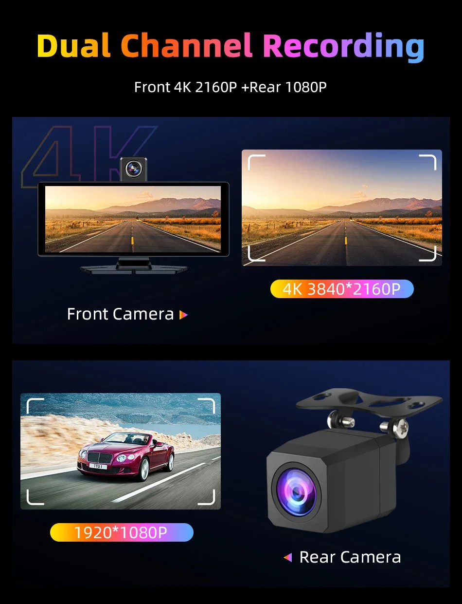 7″/10.26″ 4K Dash Cam Wireless Android Auto 350° Rotating Lens Car DVR GPS