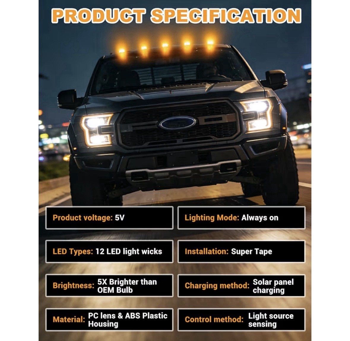 Solar Cab Lights Trucks, Wireless No Drill Roof LED Marker Vibration Sensor IP67