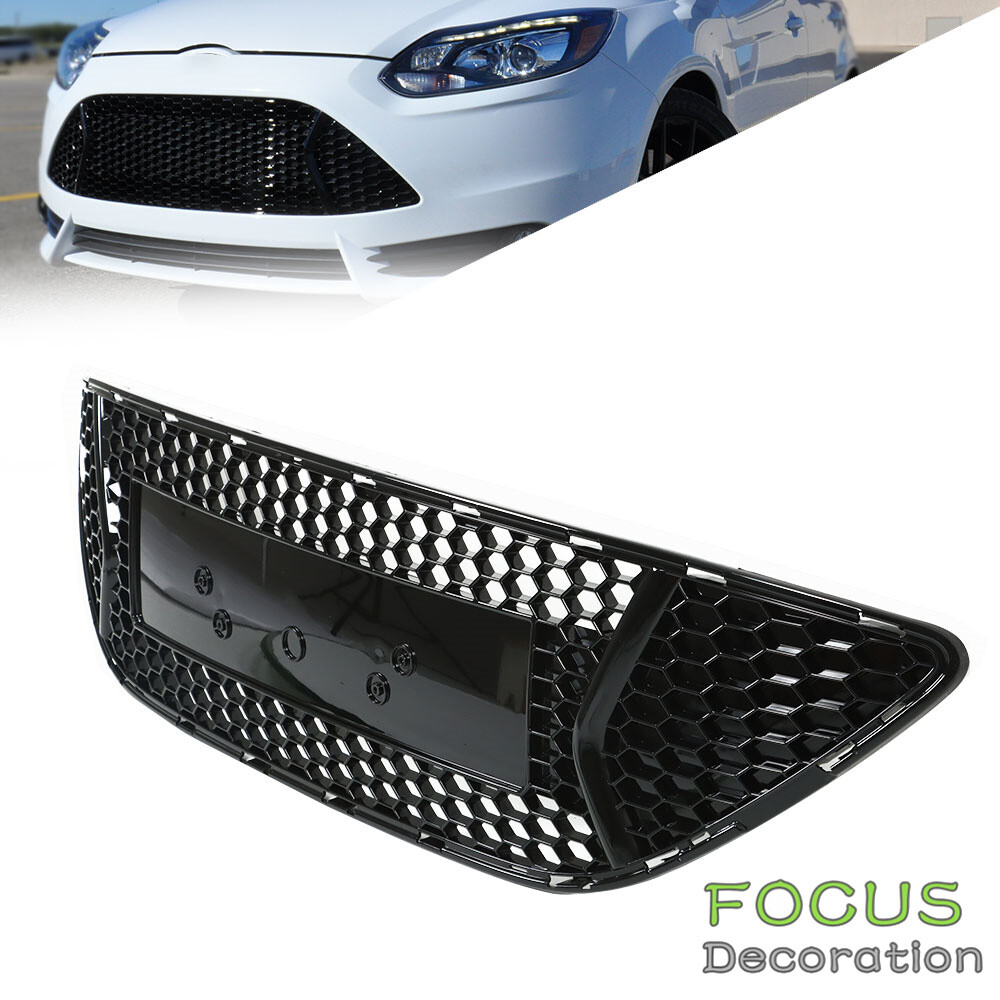 For 2013 14 Ford Focus Front Upper Bumper Grille Glossy Black Grill ABS Plastic