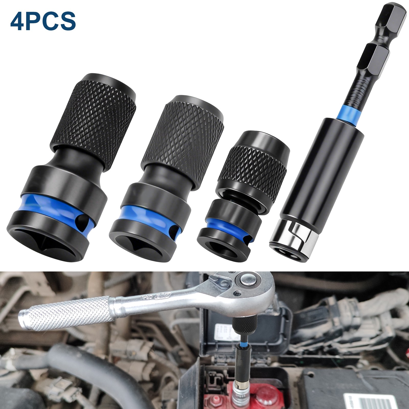 4Pcs 1/4 3/8 1/2″ to 1/4″ Hex Air Impact Socket Adapter Kit for Ratchet Wrenches