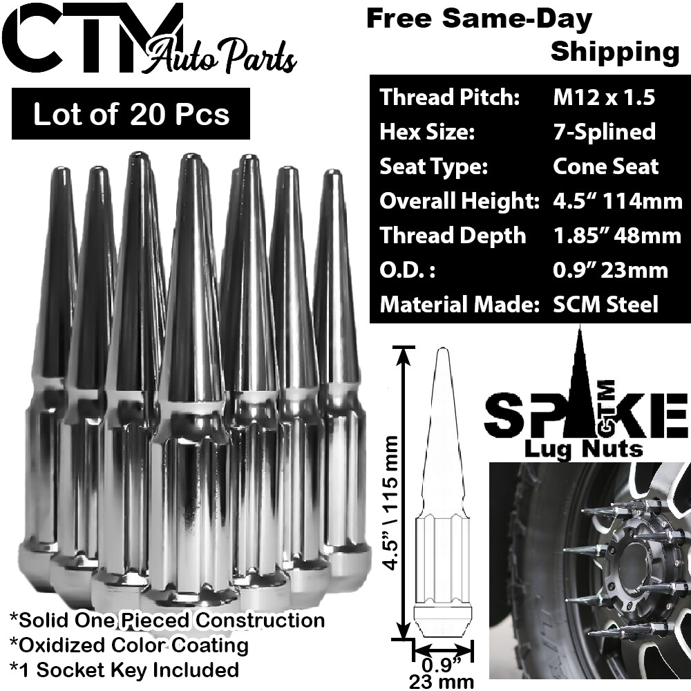 20Pc 4.5″ TALL CHROME M12x1.5 SPLINE SPIKE LUG NUT+KEY FIT CHEVROLET GMC & MORE