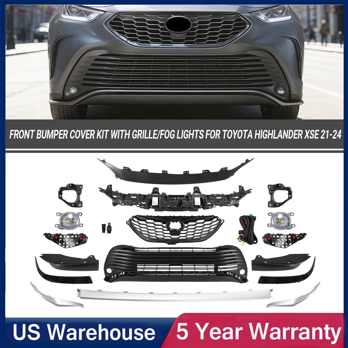 For 2021-2024 Toyota Highlander XSE Front Bumper Grille Set+Fog Light+Lower Trim