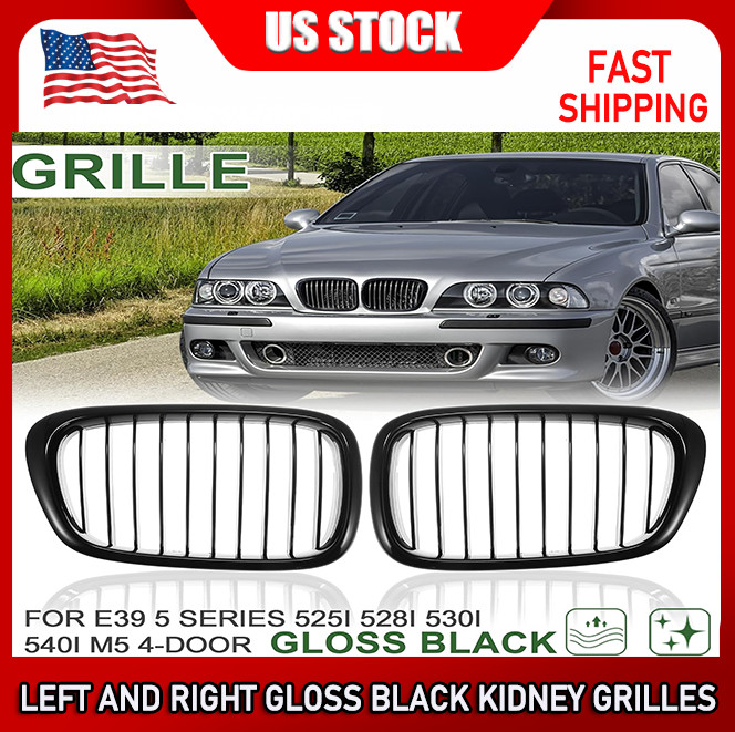 For BMW 5-Series E39 M5 1997-2003 Front Bumper Kidney Grilles Pair Gloss Black