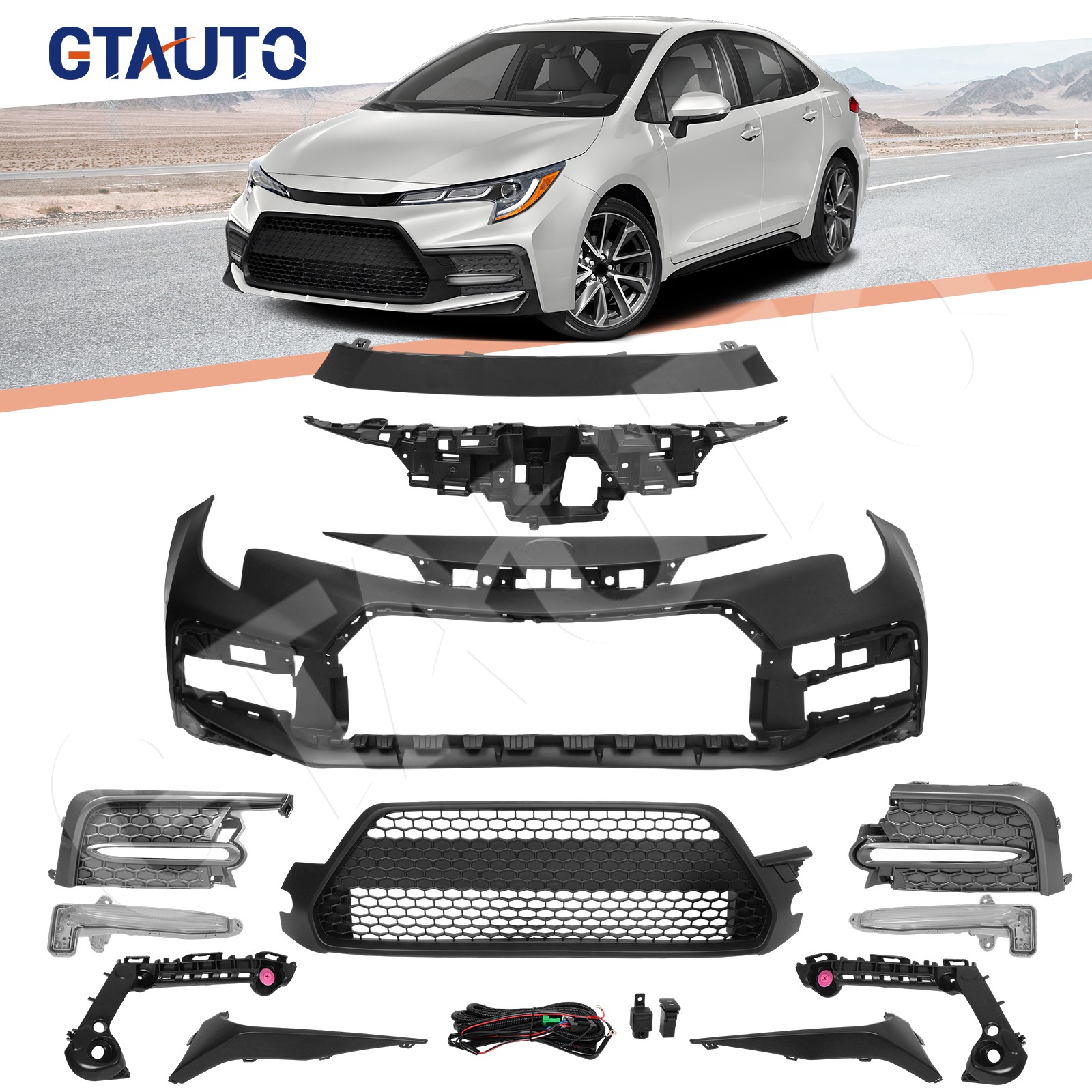 For 2020-2022 Toyota Corolla SE XSE Primed Front Bumper Grille Fog Light Set
