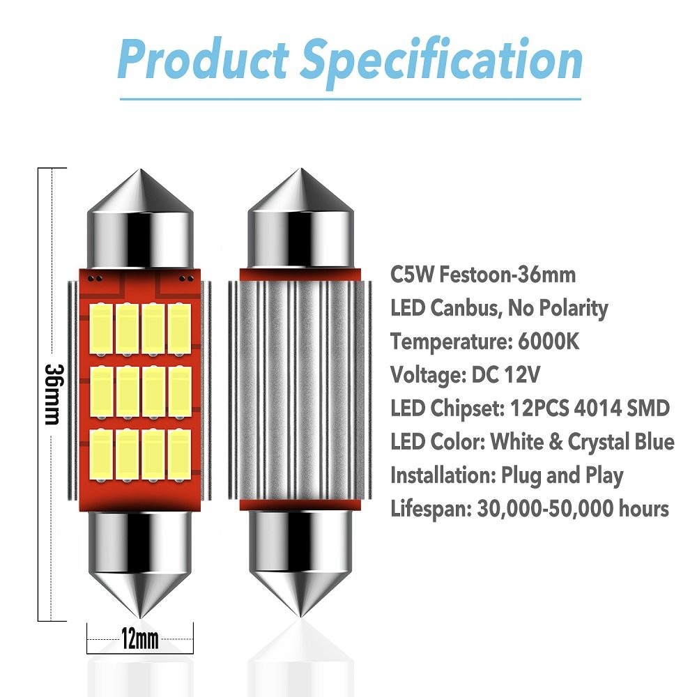 LED Side Marker Dome Map Trunk Light Bulb White 12SMD 4014 Chips 36MM 6000K Pair