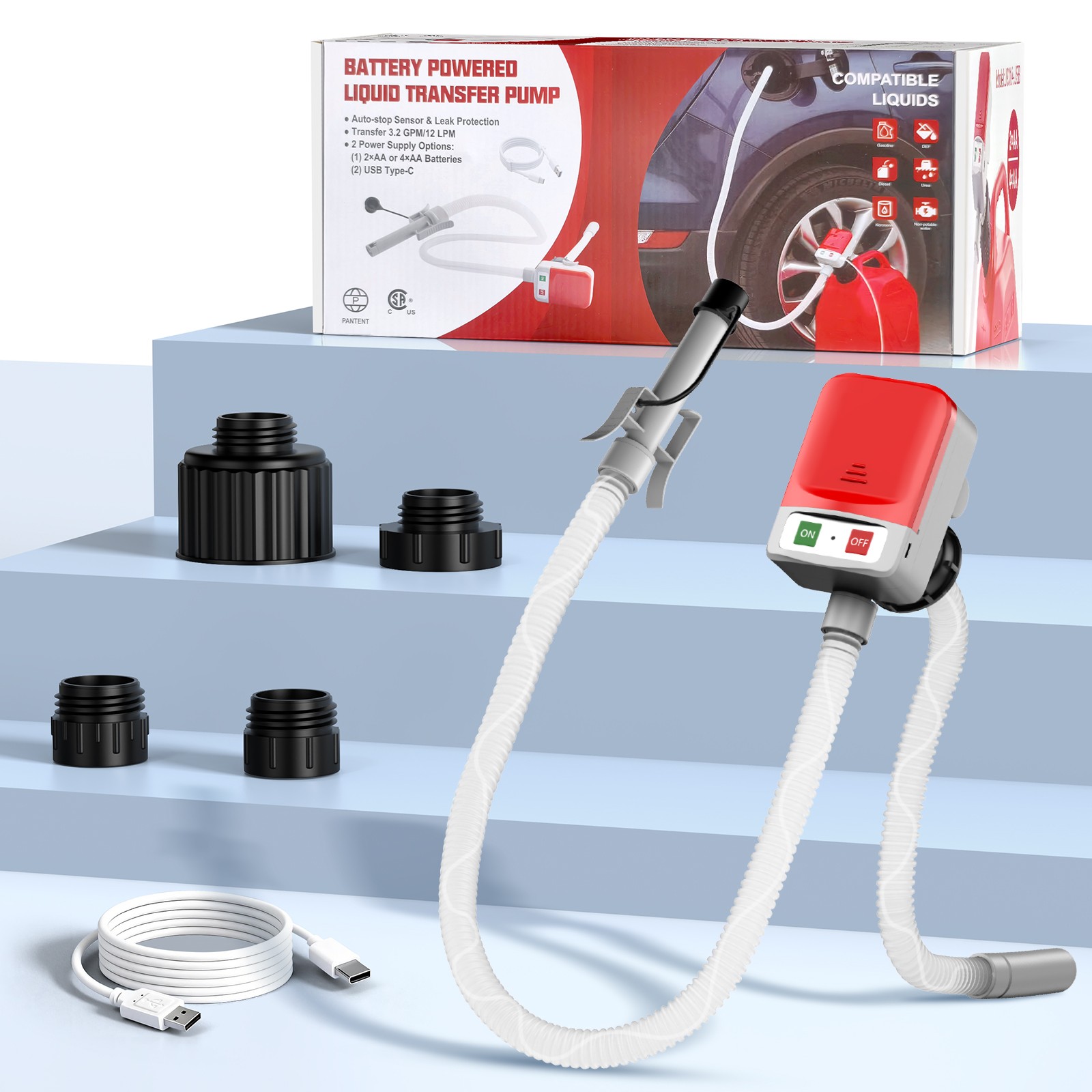 2in1 Automatic Portable Fuel Transfer Pump, Auto-Stop for Gas Diesel&Oil 3.2 GPM