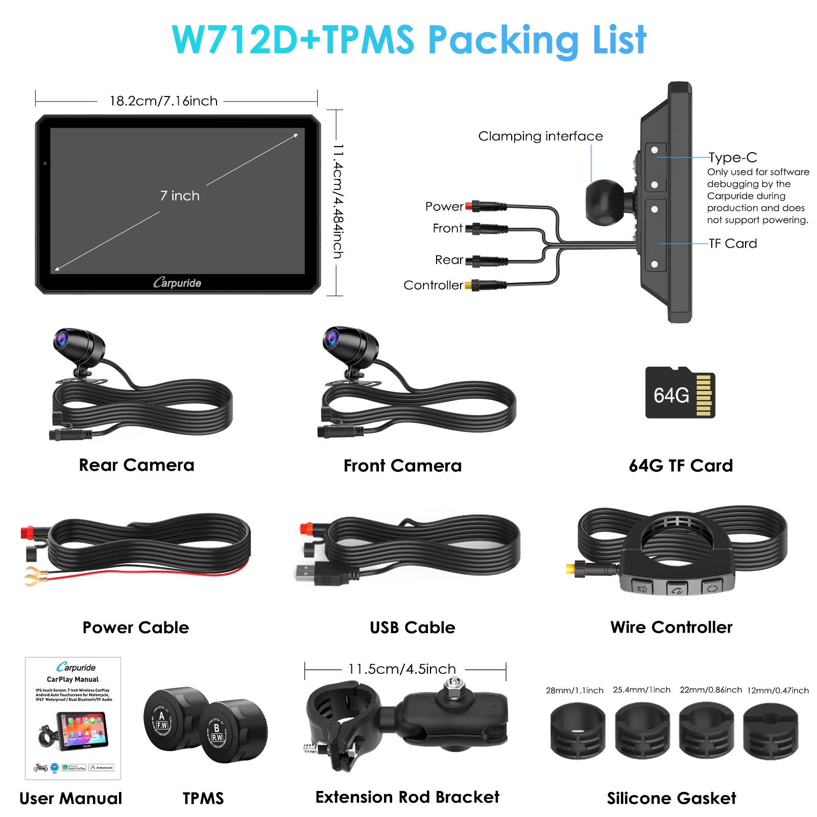 Carpuride W712D Wireless Carplay Android Auto Motorcycle Wired Controlled TPMS
