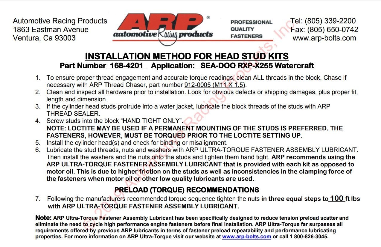AquaSport Performance Custom ARP Head Stud Kit for Sea-Doo 4TEC 300 325 1630 ACE