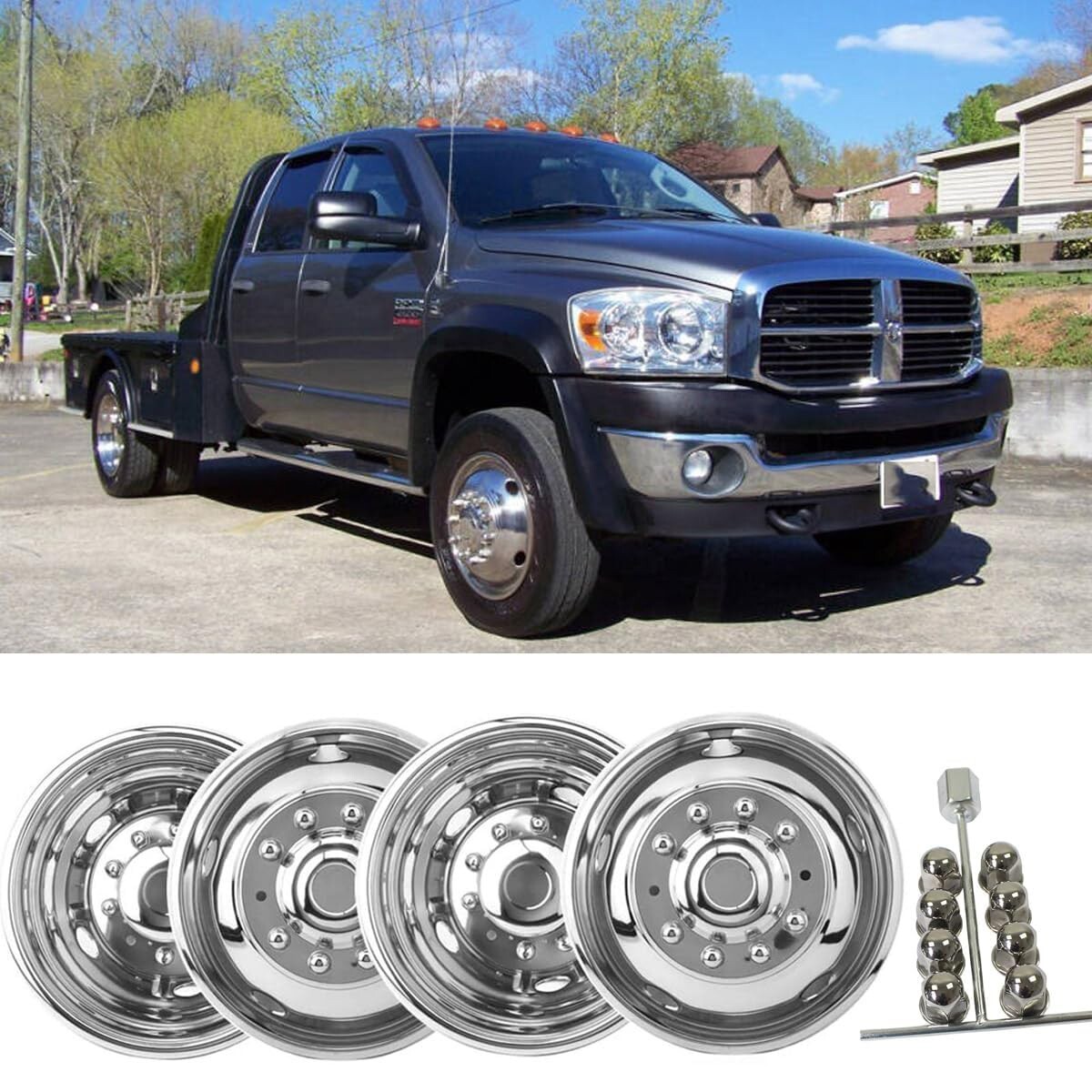 4 New 19.5″ Stainless Wheel Simulator 10 Lug For 08-24 Dodge Ram 4500 5500