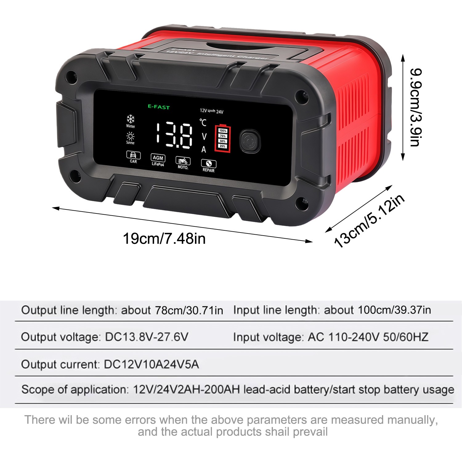 20A Battery Charger 12V/24V 10A Smart Auto Charger for Car Truck Boat RV Lifepo4