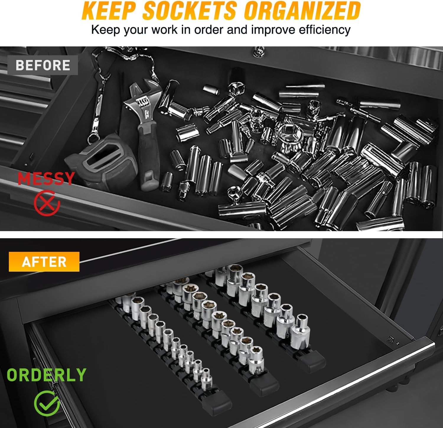 Socket Organizer ABS Socket Holder Set 1/4″ 3/8″ 1/2″ Drive Socket Rail Holders