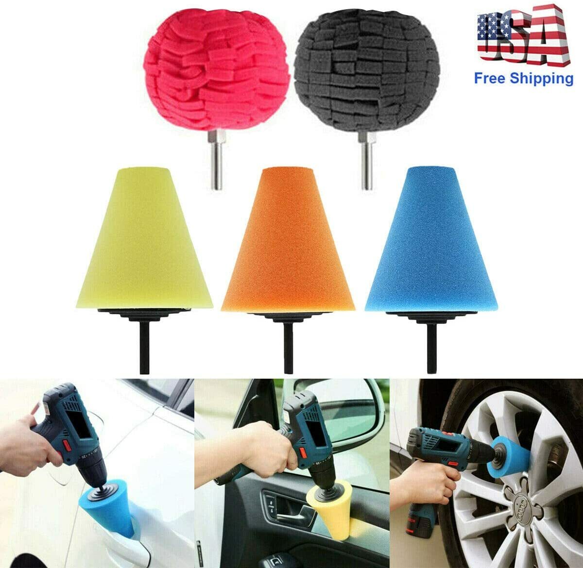 Foam Drill Polishing Cone Ball Pads Kit Car Hub Waxing Buffing Wheel Polisher 4″