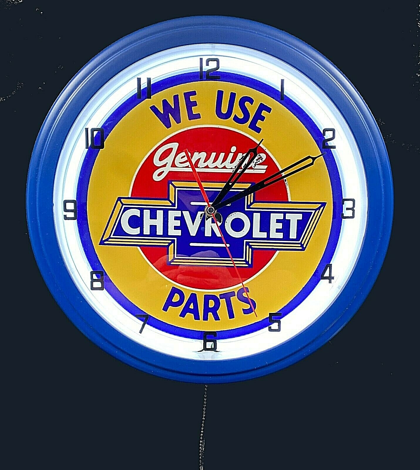 16″ We Use Chevy Genuine Parts Sign White Neon Clock Blue Case LIMITED EDITION