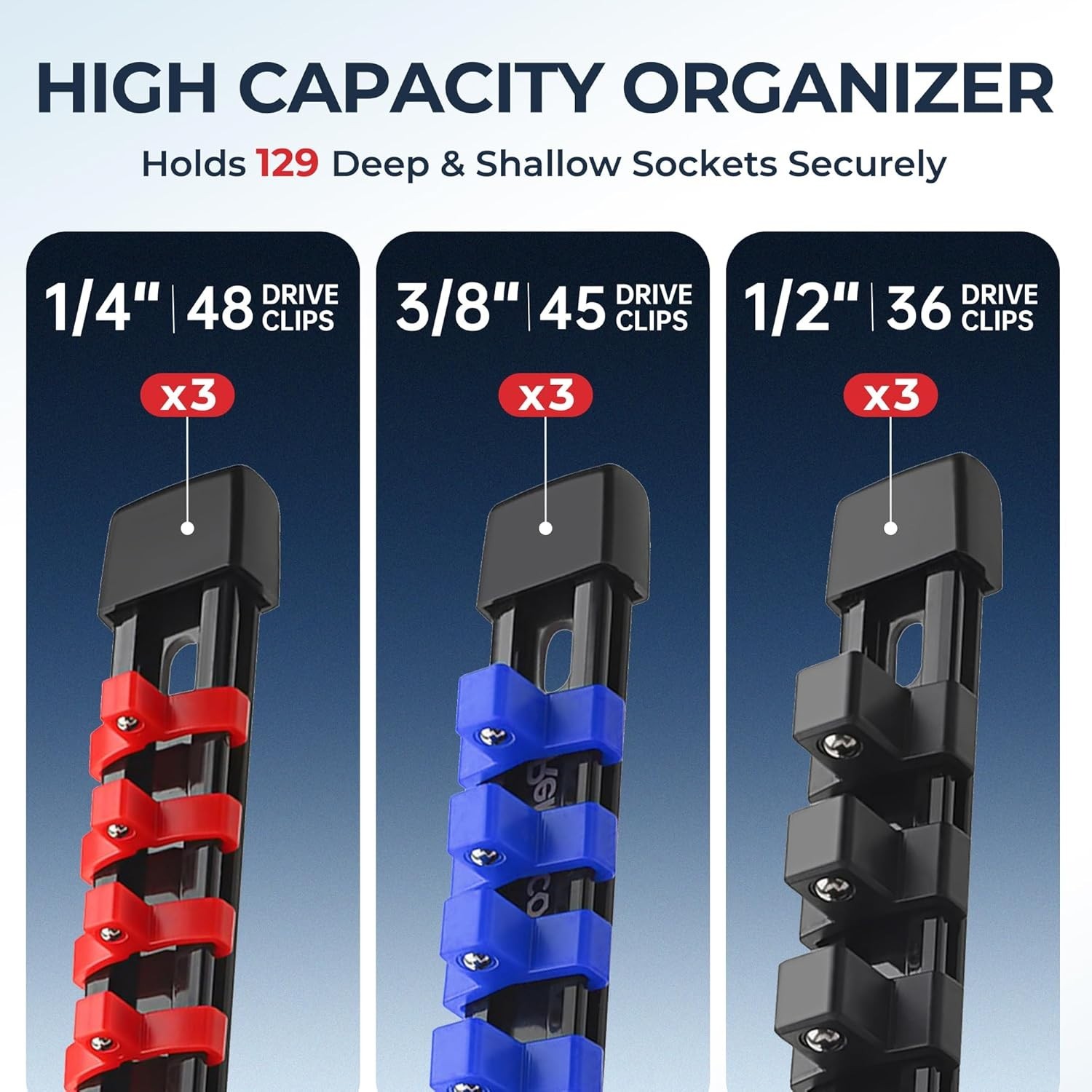 6 Pcs Socket Holder Organizer Mountable Sliding Rail Rack 86 slot 14 Inch ABS