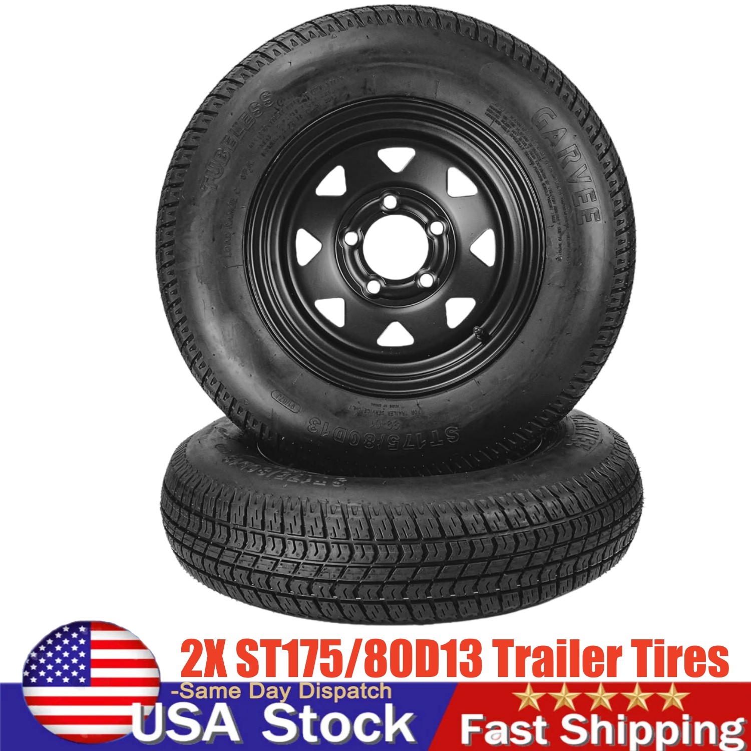 2 Pack ST175/80D13 Trailer Tires with 13″ Rims 175/80 D 13 5 Lug on 4.5 Black 🛞