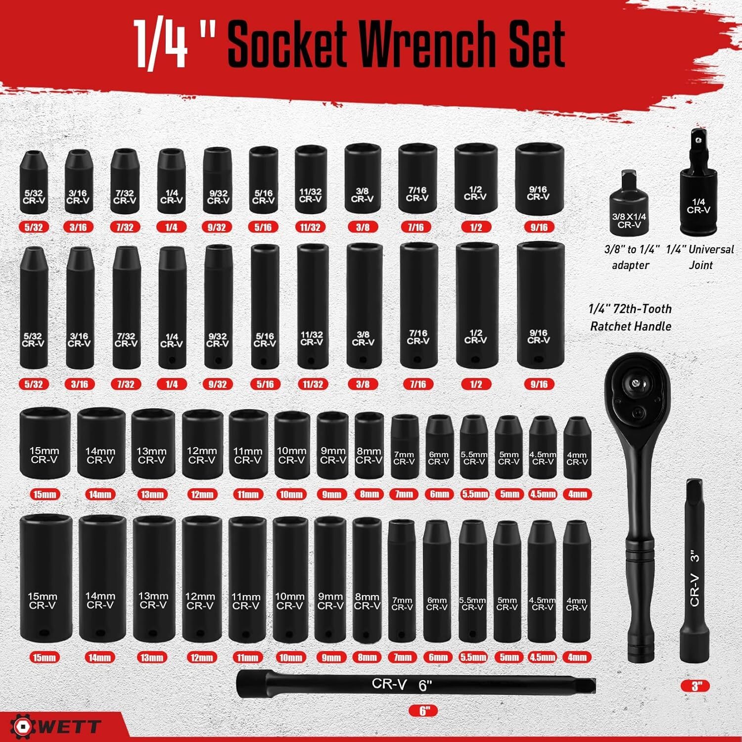 55PCS 1/4″ Drive Deep and Shallow Impact Socket Set SAE & Metric Shallow & Deep