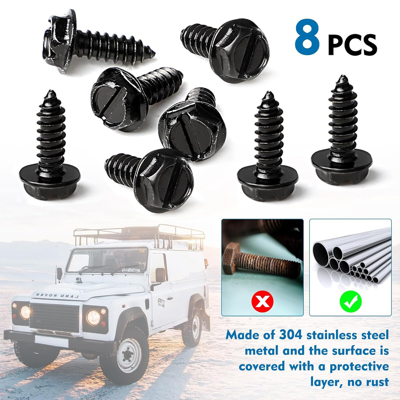 8 PCS Car License Plate Screws Stainless Steel Bolts Caps Fasteners Kit Black