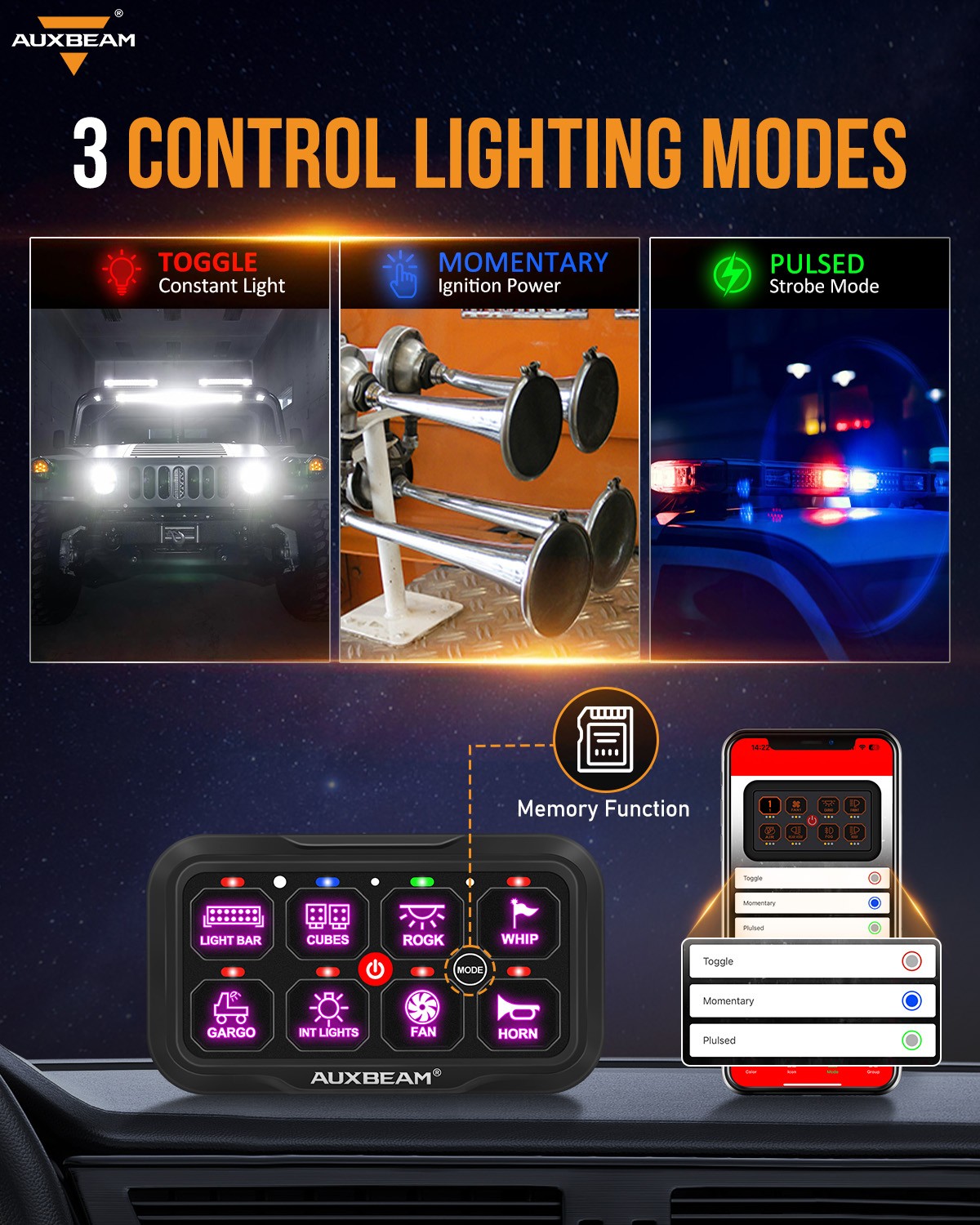 AUXBEAM AR-800 Multifunction 8 RGB Switch Panel Bluetooth & 47In Extension Cable