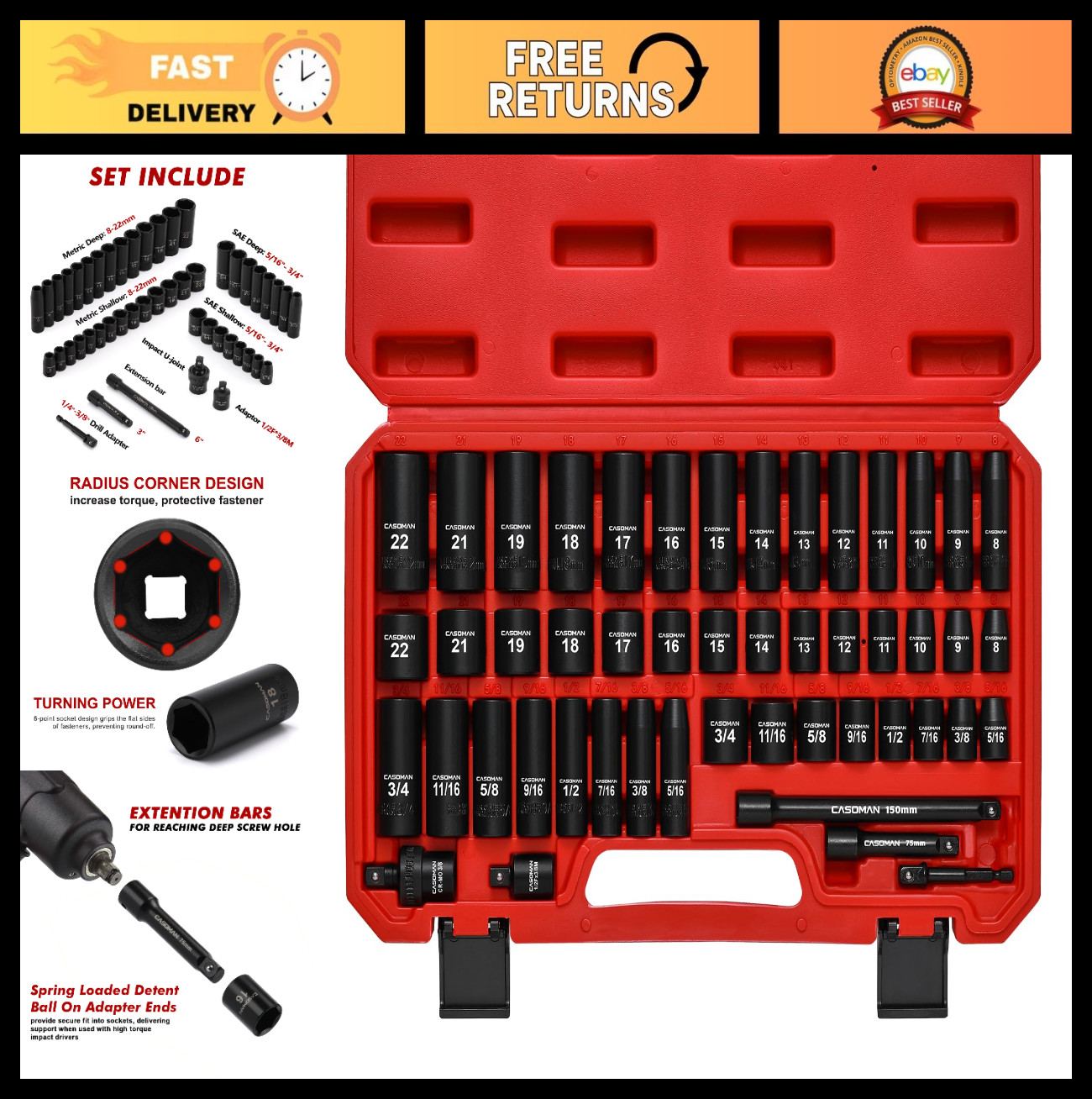 49-Piece 3/8″ Drive Impact Socket Set, SAE & Metric, 6 Point Cr-V Steel, Durable