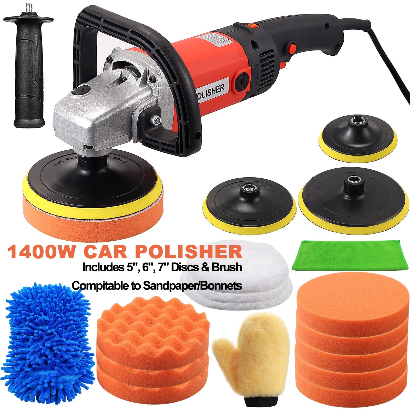1400W 5″ 6″ 7″ Rotary Car Polisher Buffer Sander Powerful Machine Polishing Pads