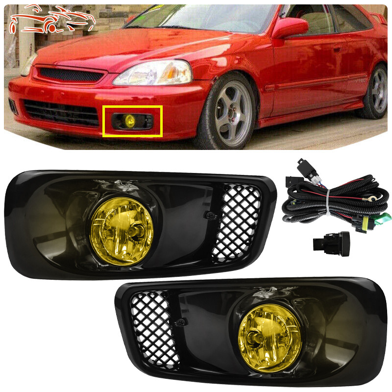 Fits 1999-2000 Honda Civic Front Bumper Yellow Lens Halogen Fog Lights Lamp pair