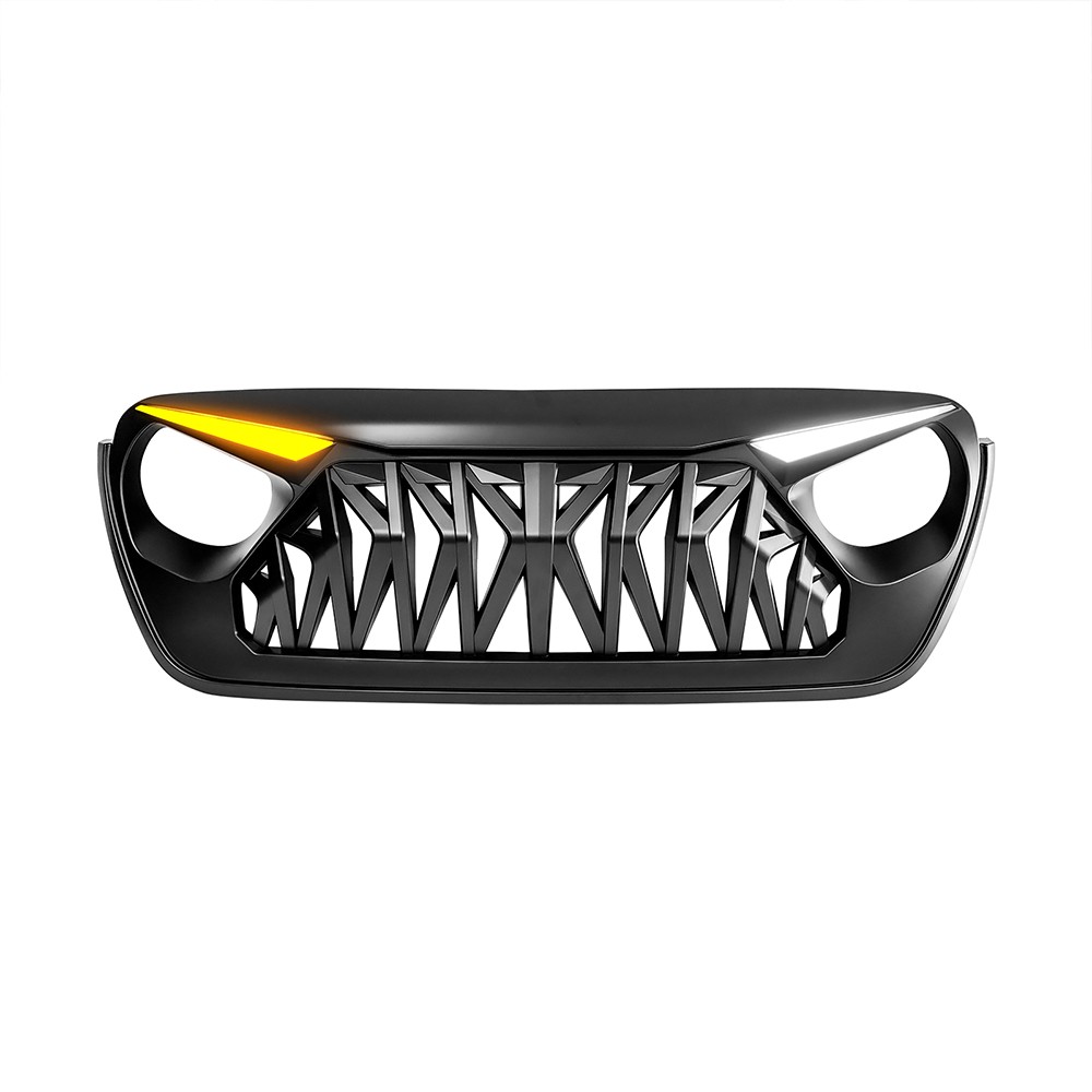 Matte Black Front Shark Grille w/Eyebrow DRL for 18-23 Jeep Wrangler JL JT