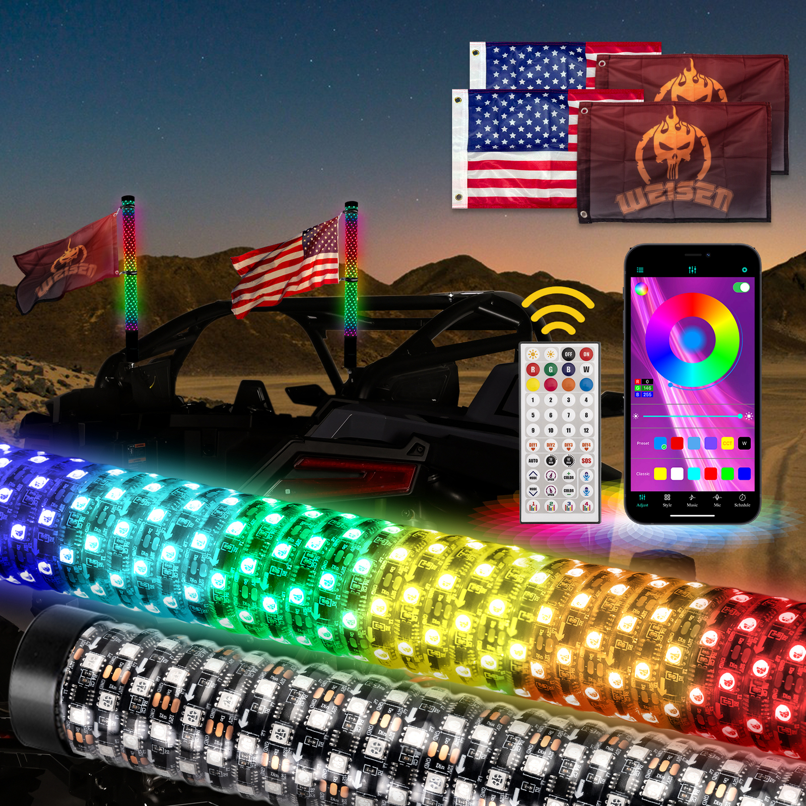 Pair 2FT Spiral LED Fat Whip Light Antenna RGB Chasing Fit Can-am X3 RZR UTV ATV