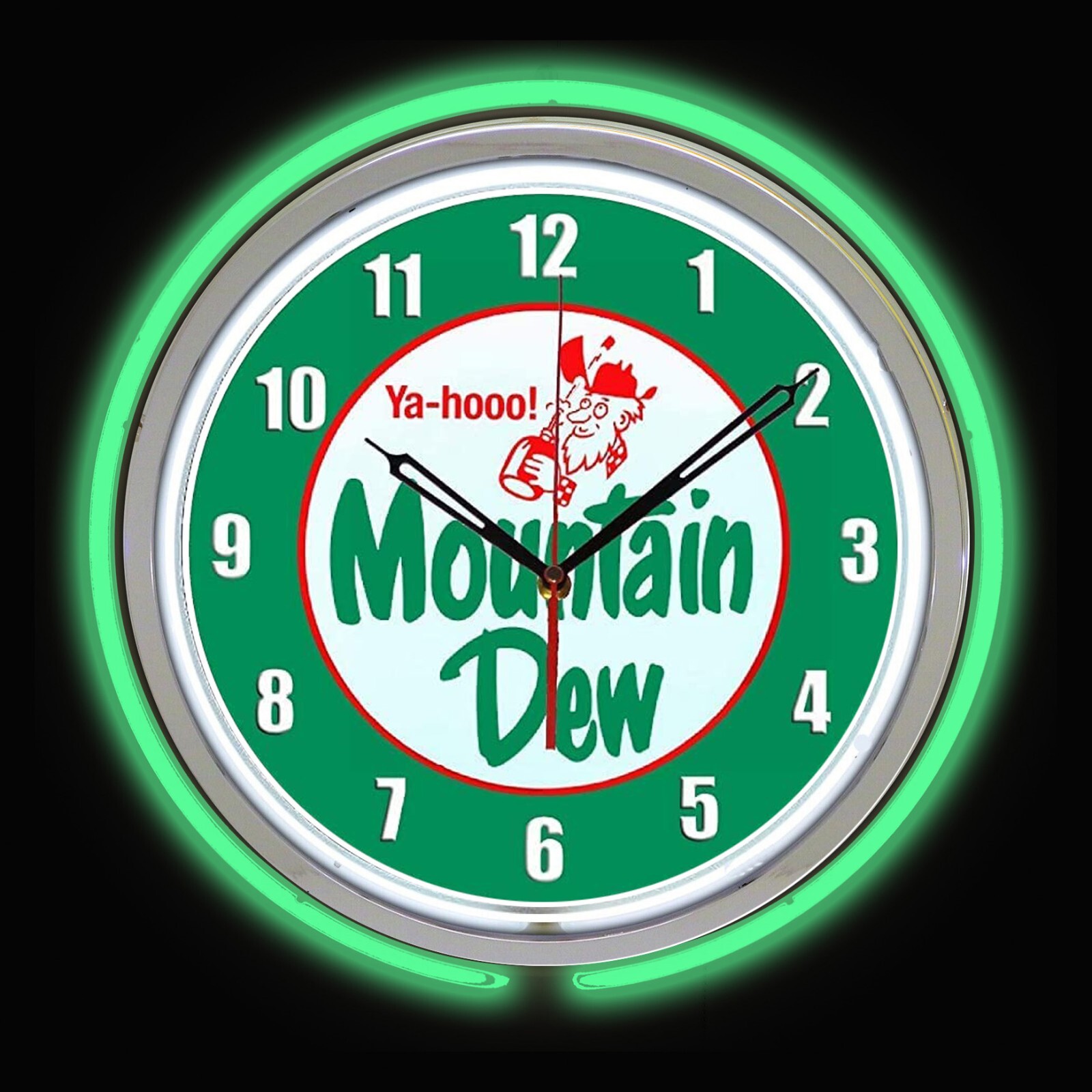 15″ Mountain Dew Soda YaHooo Sign Double Neon Clock, Green Outside Tube MT