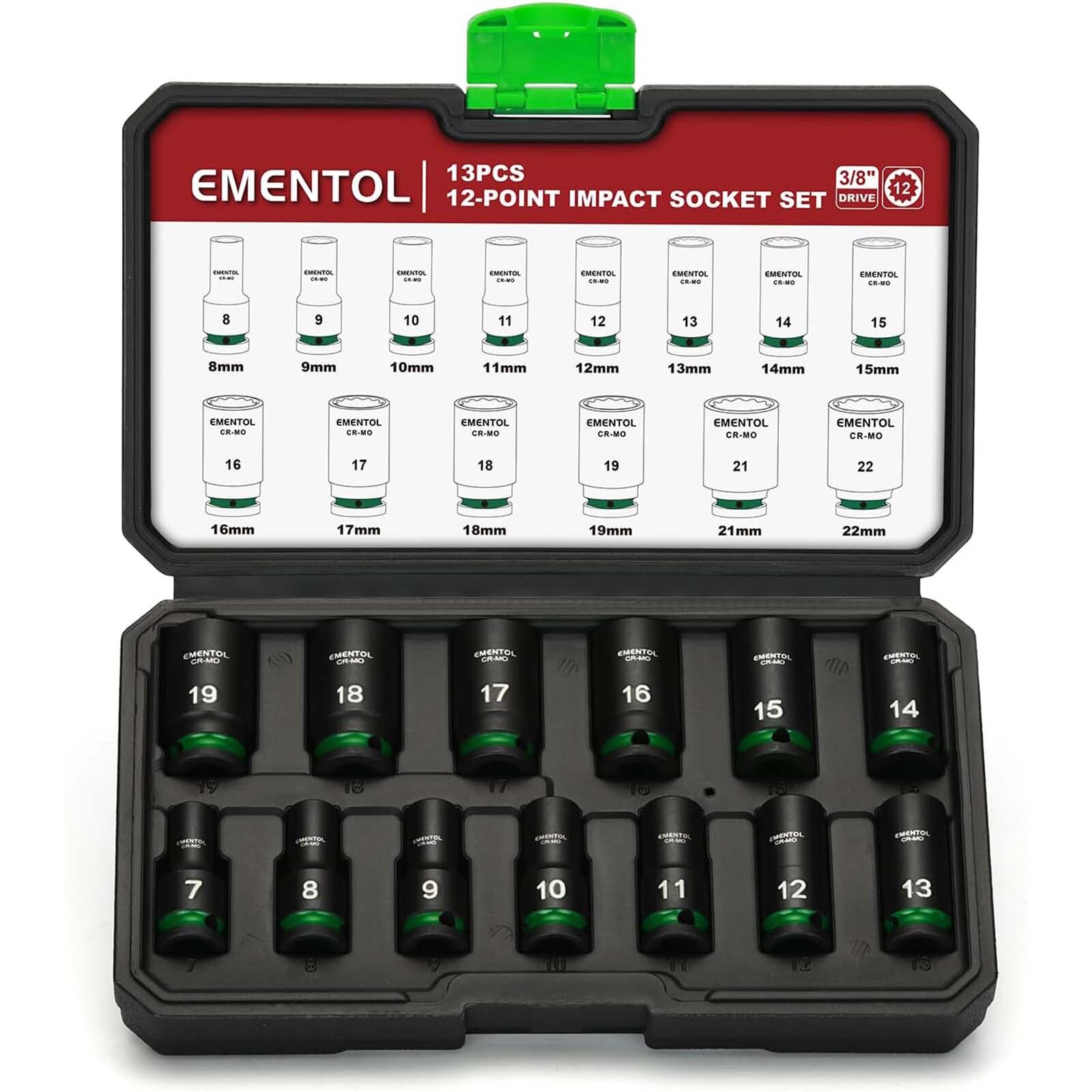3/8″ Drive Impact Socket Set Semi-Deep Socket 13PCS Metric 7-19mm 12 Point CR-MO
