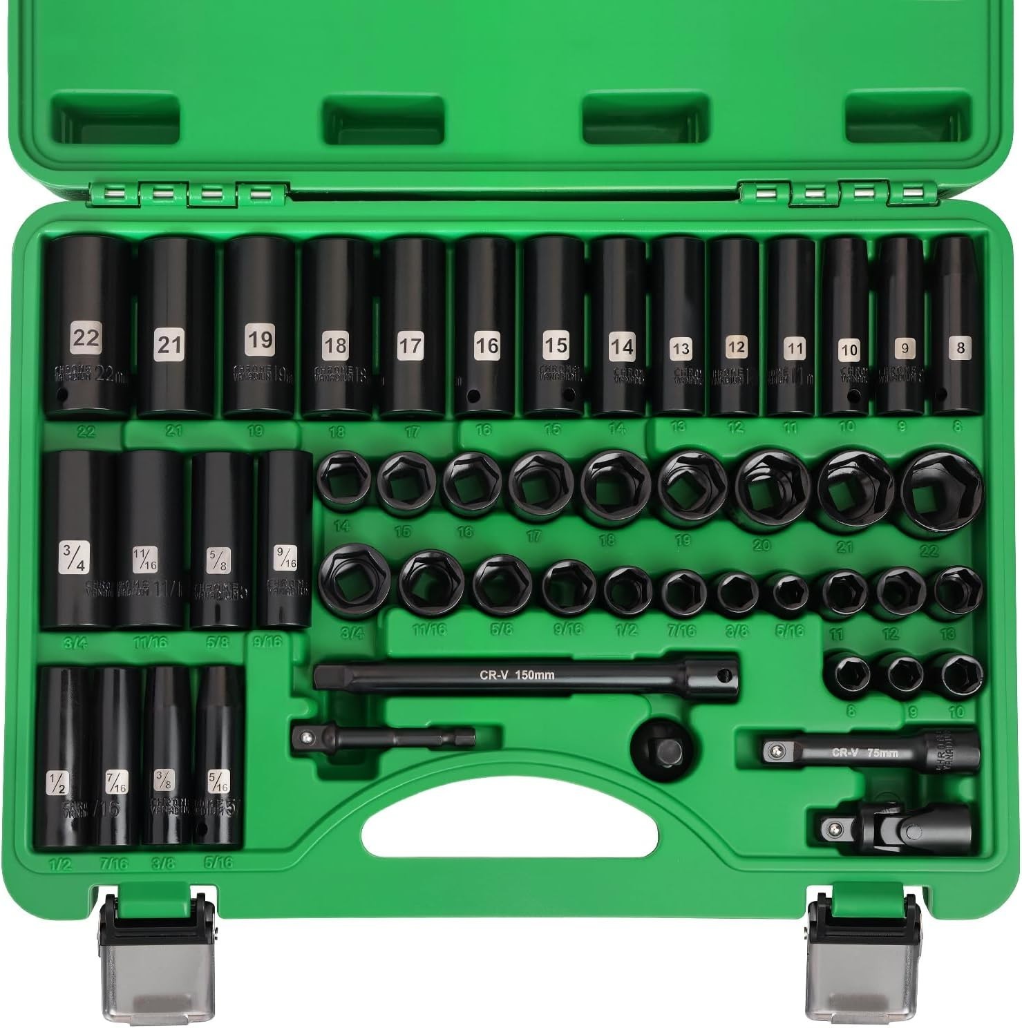3/8″ Drive Impact Socket Set, 50 Piece Standard SAE (5/16 to 3/4 inch) and Metri