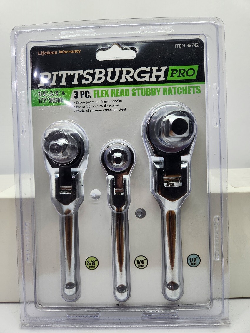 3 pc Flexible Stubby Ratchet Handle Socket Wrench Swivel Tool Set 1/4″ 3/8″ 1/2″