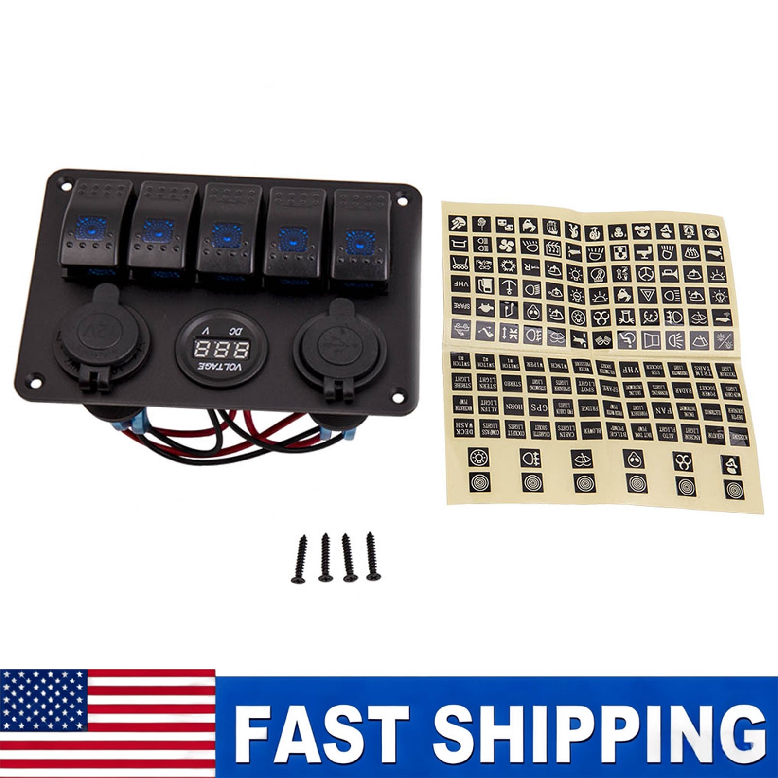 1pc 5 Gang On-Off LED Waterproof Circuit Toggle Switch Panel 2USB Ports