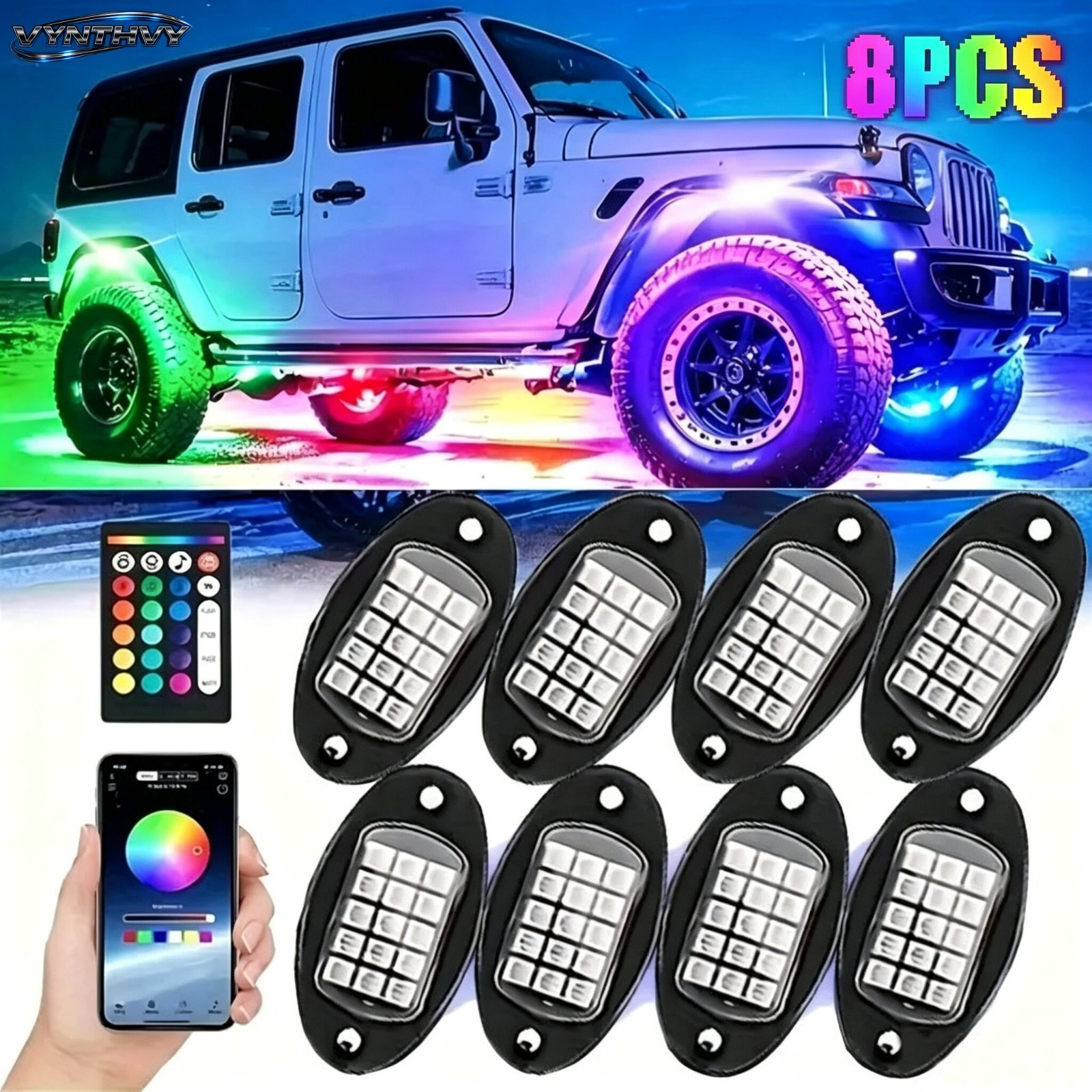 8Pods RGB LED Rock Lights Offroad Music Wireless Bluetooth Underglow Neon Lights