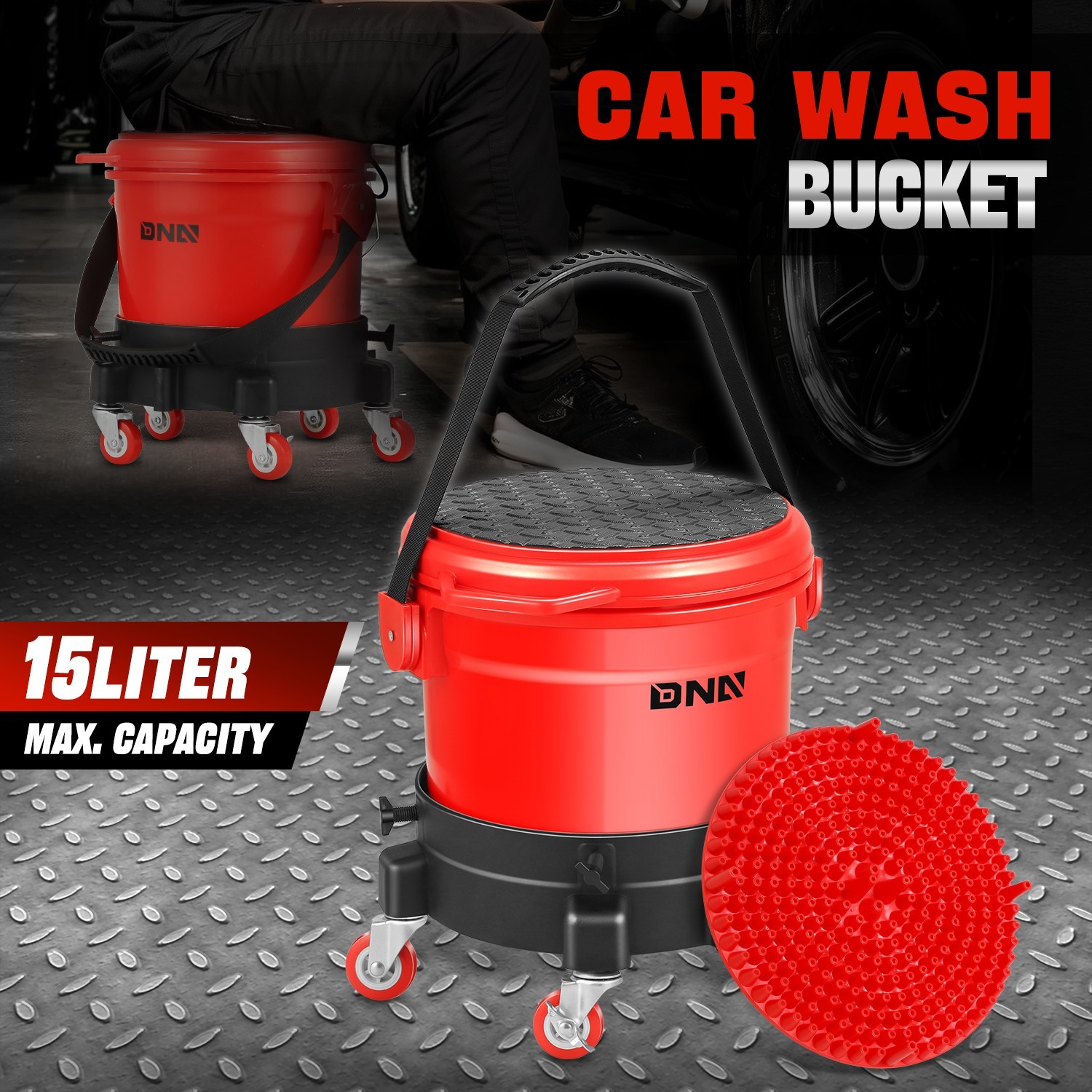 15L Car Wash Bucket Dolly with Lid Grit Guard Tool Set w/ Removable Base Casters