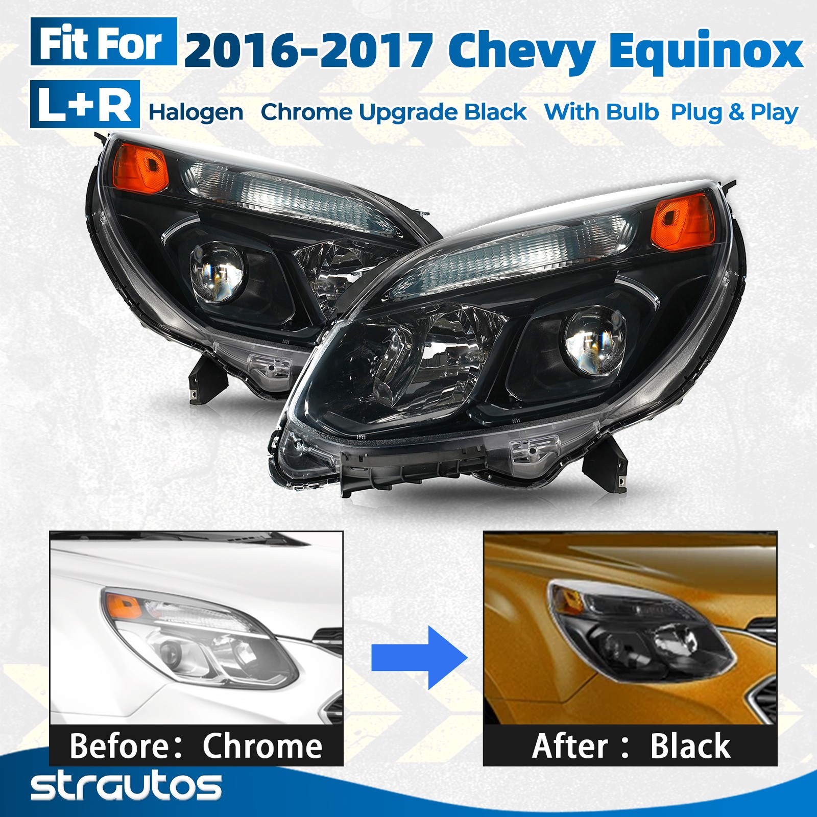 Upgrade Halogen Headlight For 2016 2017 Chevy Equinox Black Bezel Right+Left