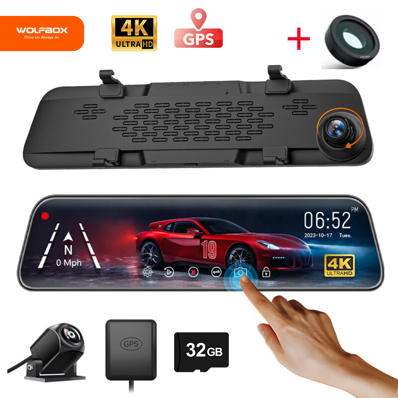 WOLFBOX 4K G840S 12″ Dash Cam Car Rear Mirror View Backup Dual Camera With CPL
