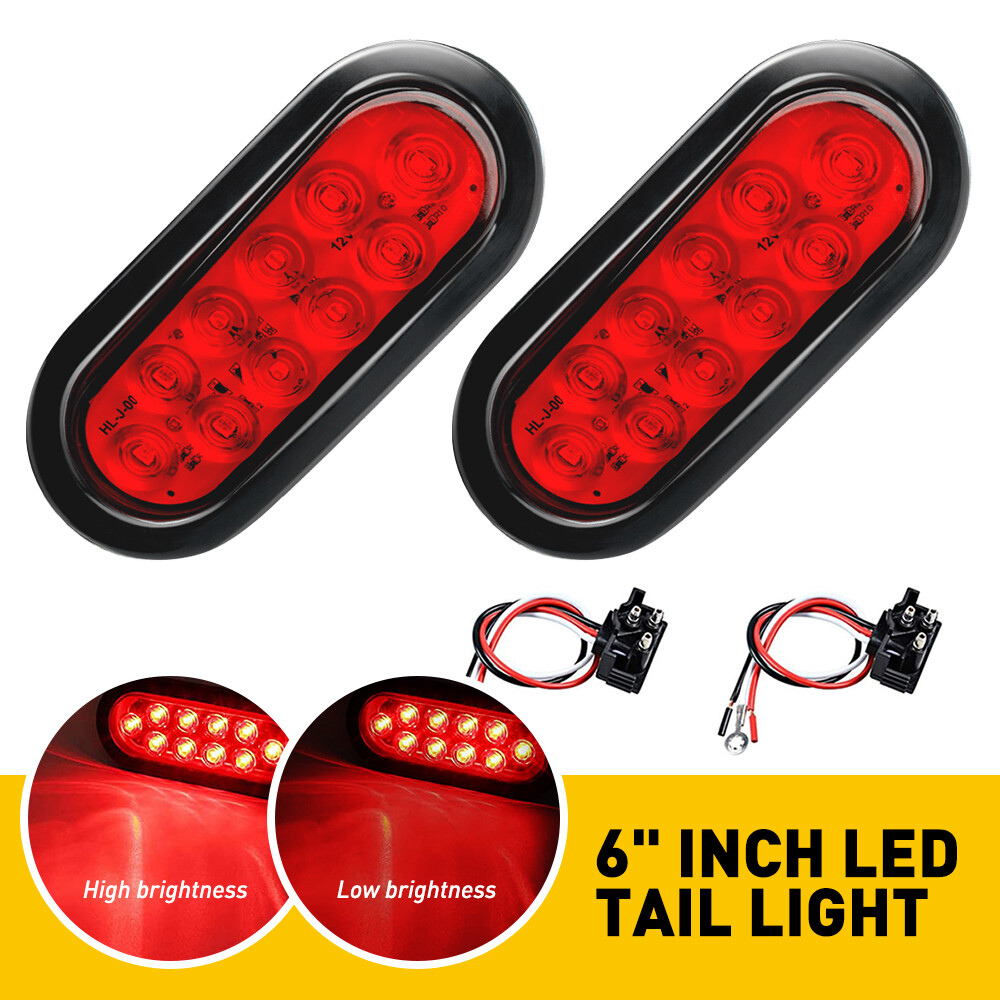 2 Red 6″ Oval Trailer Lights 10LED Stop Turn Tail Truck Sealed Grommet Plug ip67