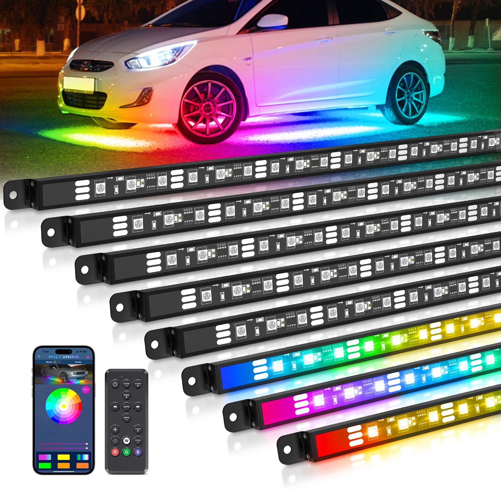 Bluetooth 8PCS RGB Car LED Underglow Lights Strip Dream Color Chasing Lights Kit