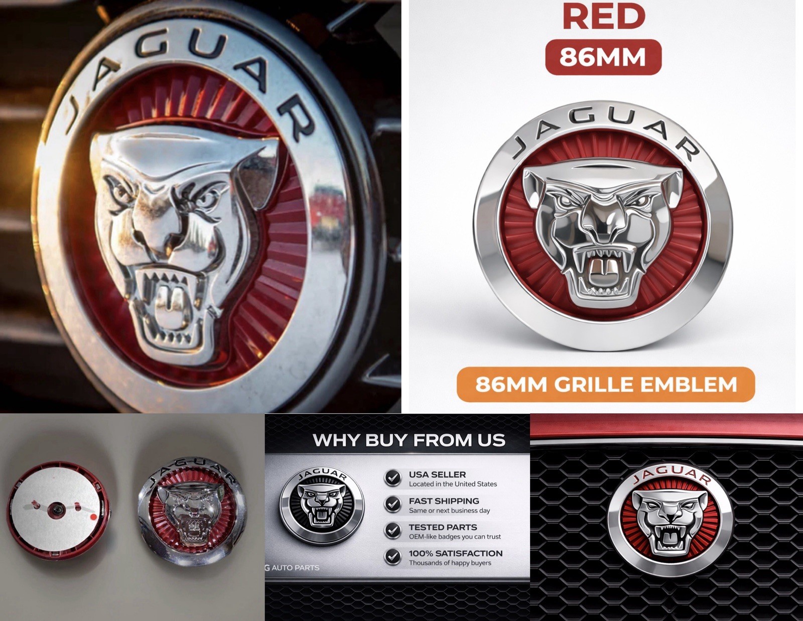 JAGUAR RED CHROME GROWLER GRILLE EMBLEM BADGE 86MM FRONT LOGO XE XF XJ F-PACE