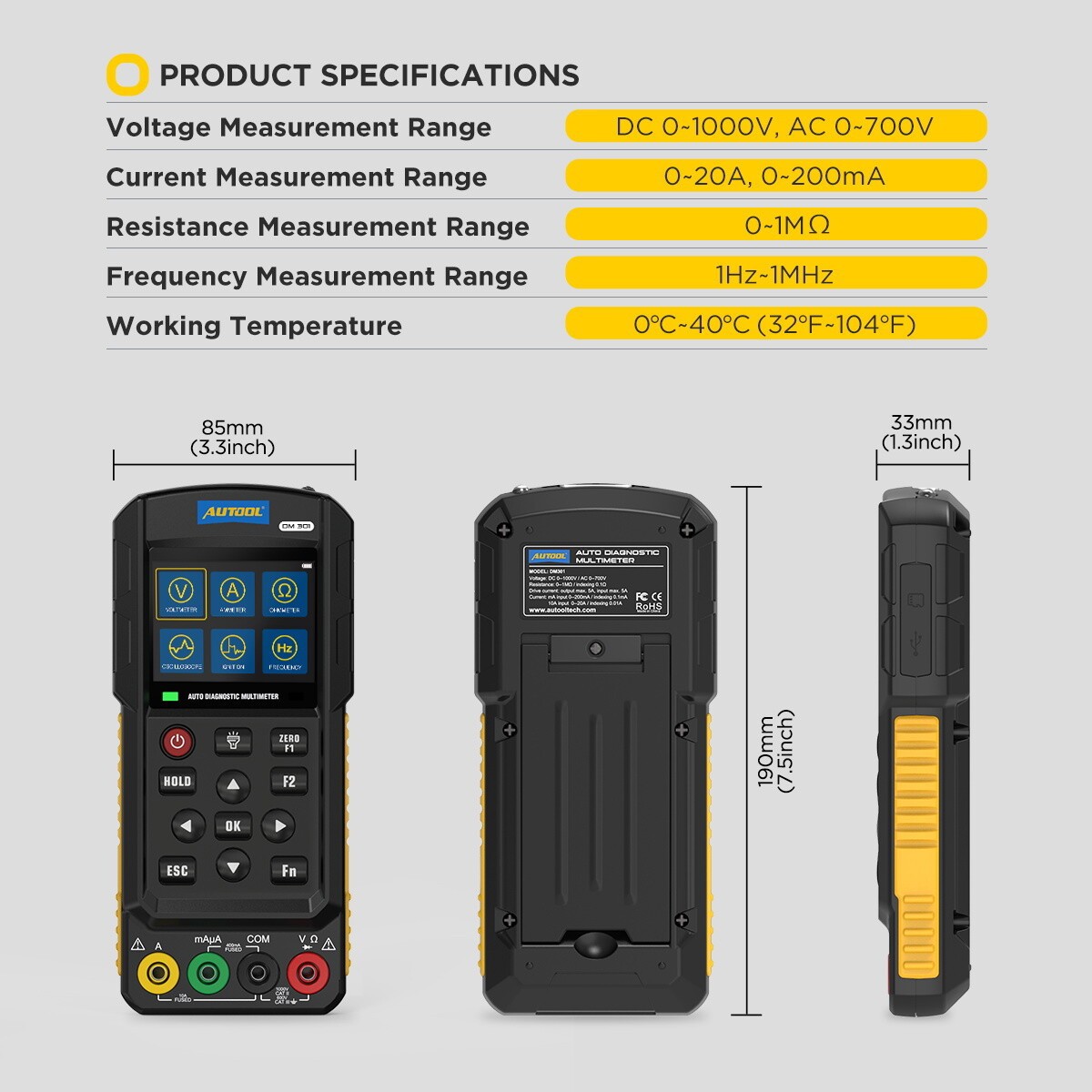 AUTOOL DM301 Digital Electrical Multimeter AC/DC Voltage Current Detector Kit US