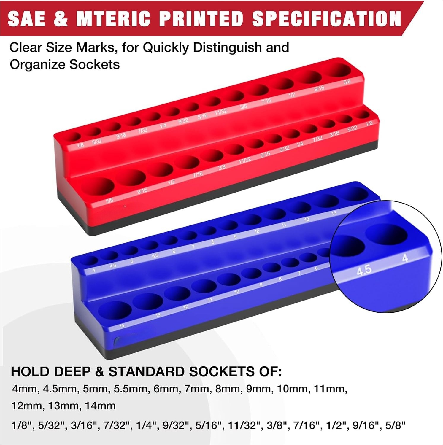 1/4 Inch Magnetic Socket Organizer,2-Pack Metric &SAE Sockets Holder Set