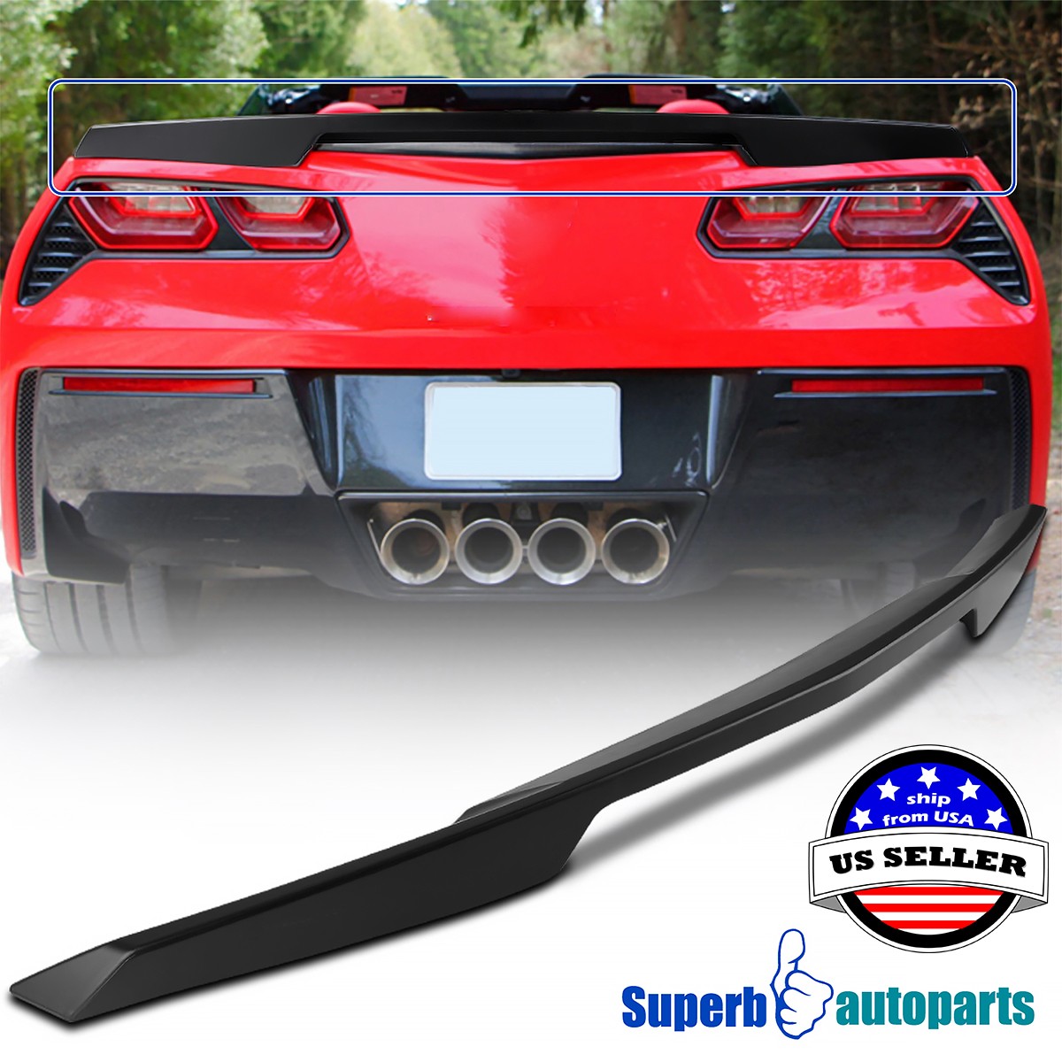 Fits 2014-2018 Corvette C7 Matte Black ABS Plastic Rear Trunk Lid Spoiler Wing