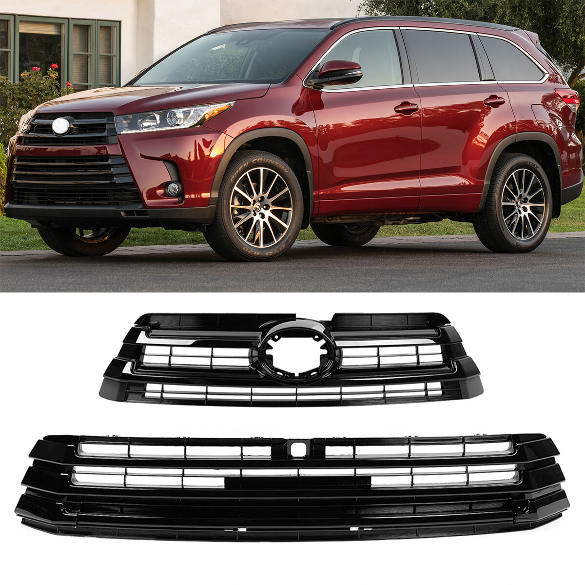 Front Upper and Lower Grille Grill For Toyota Highlander 2017-2019 Gloss Black