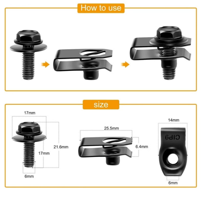 Car Body Bolts & U-nut Clips M6 Splash Shield Retainer Fastener Rivet Screws