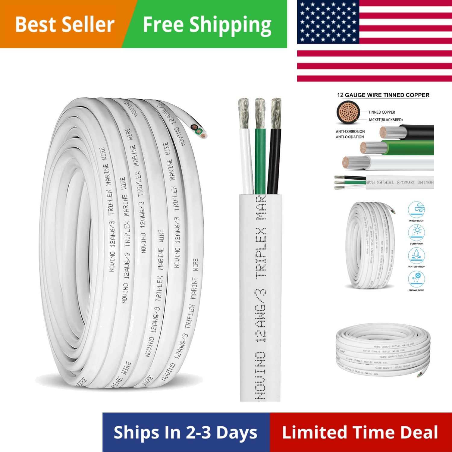 12 Gauge Marine Wire,12 AWG Marine Grade Wire,12/3 Triplex Tinned Copper Boat…